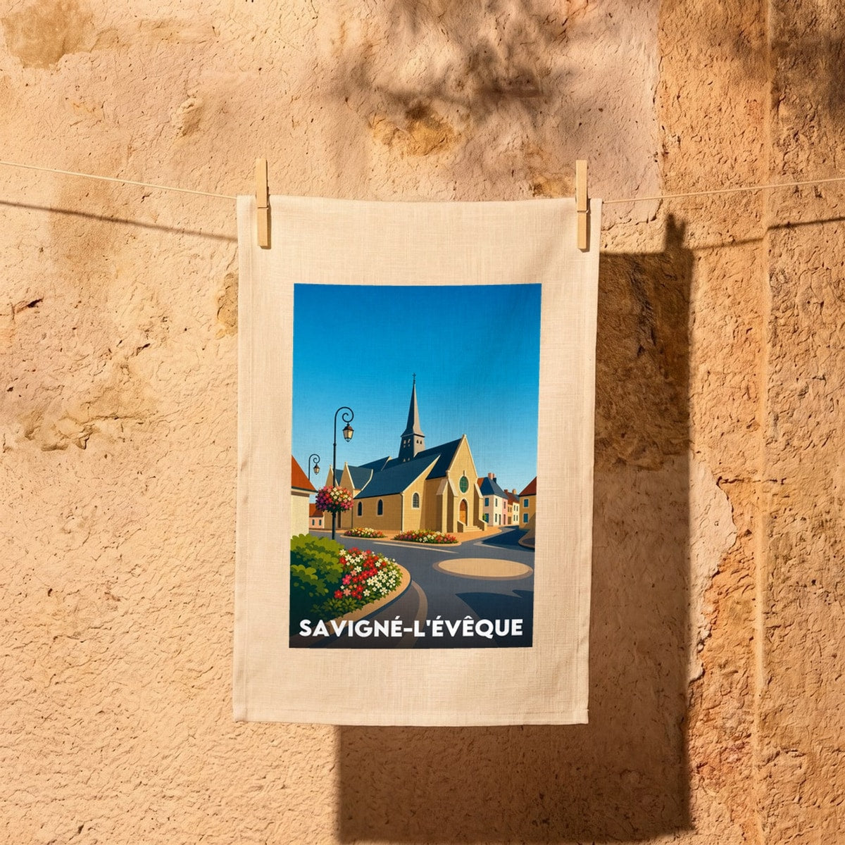 Torchon souvenir de la ville de Savigné-l'Évêque avec une illustration stylisée.