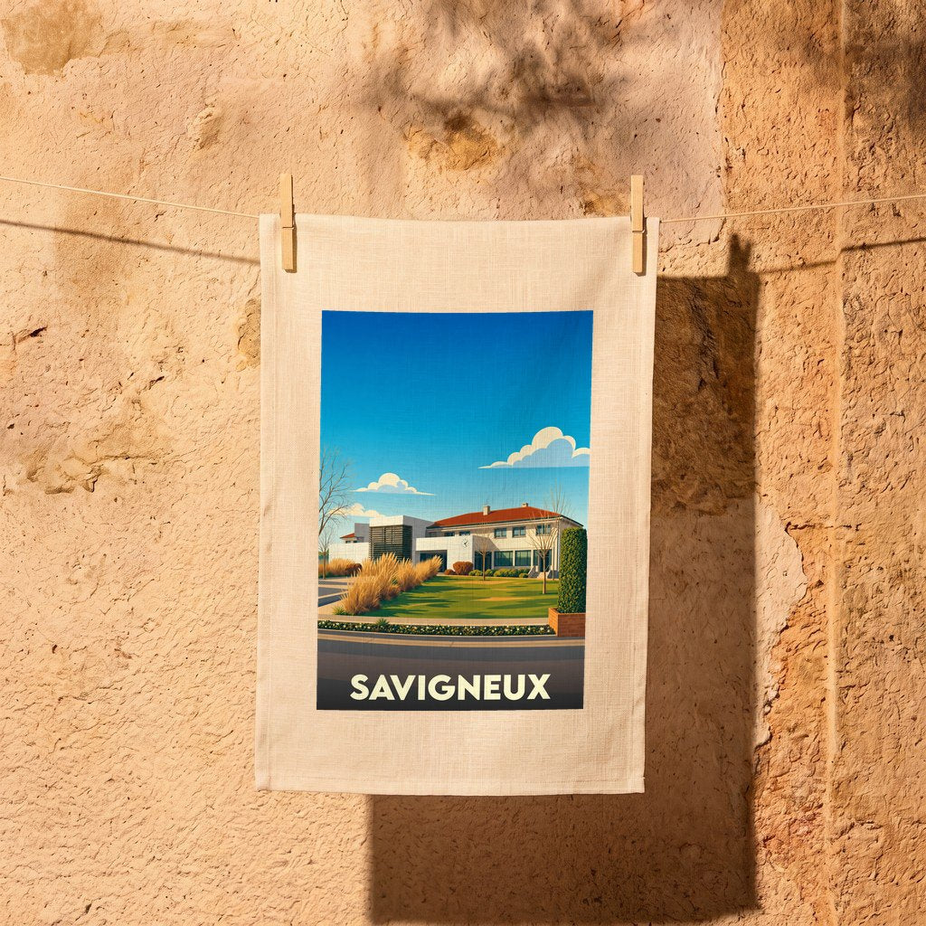 Torchon souvenir de la ville de Savigneux illustré par un paysage urbain moderne sous un ciel bleu.