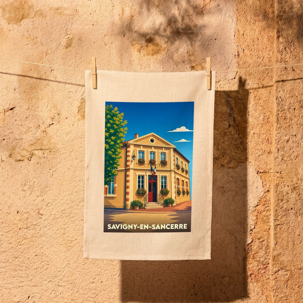 Torchon souvenir de la ville de Savigny-en-Sancerre avec une illustration stylisée.