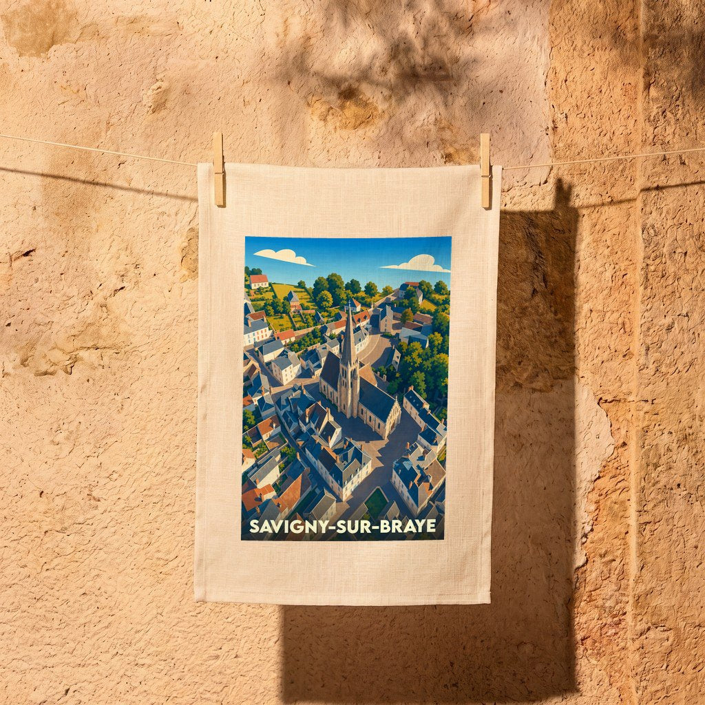 Torchon souvenir de la ville de Savigny-sur-Braye avec une illustration stylisée d'un village français.