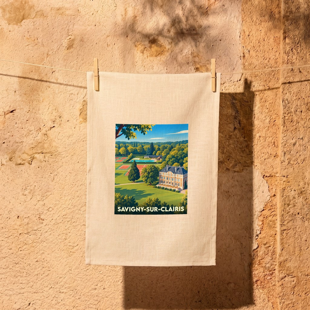 Torchon souvenir de la ville de Savigny-sur-Clairis avec une illustration stylisée d'un domaine.