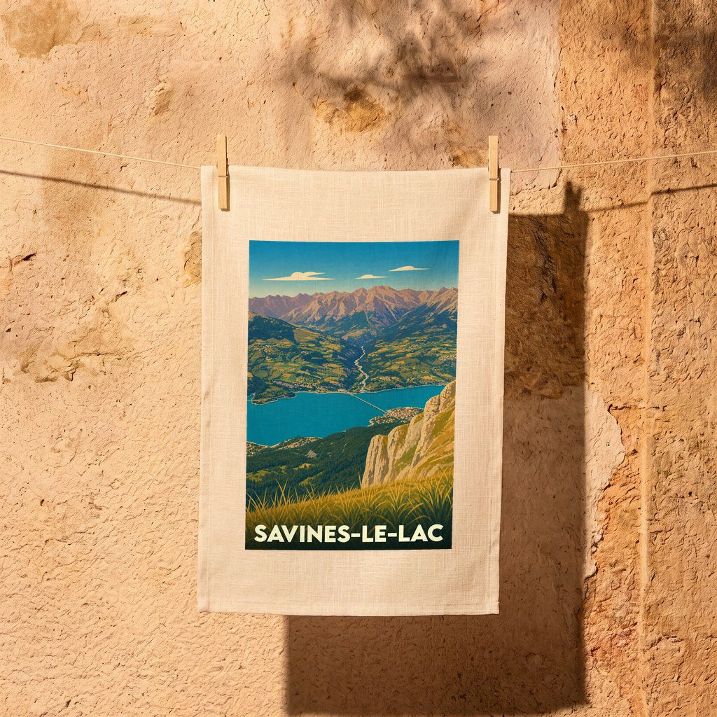 Torchon souvenir de la ville de Savines-le-Lac illustré d'un paysage de montagne et de lac dans un style rétro.