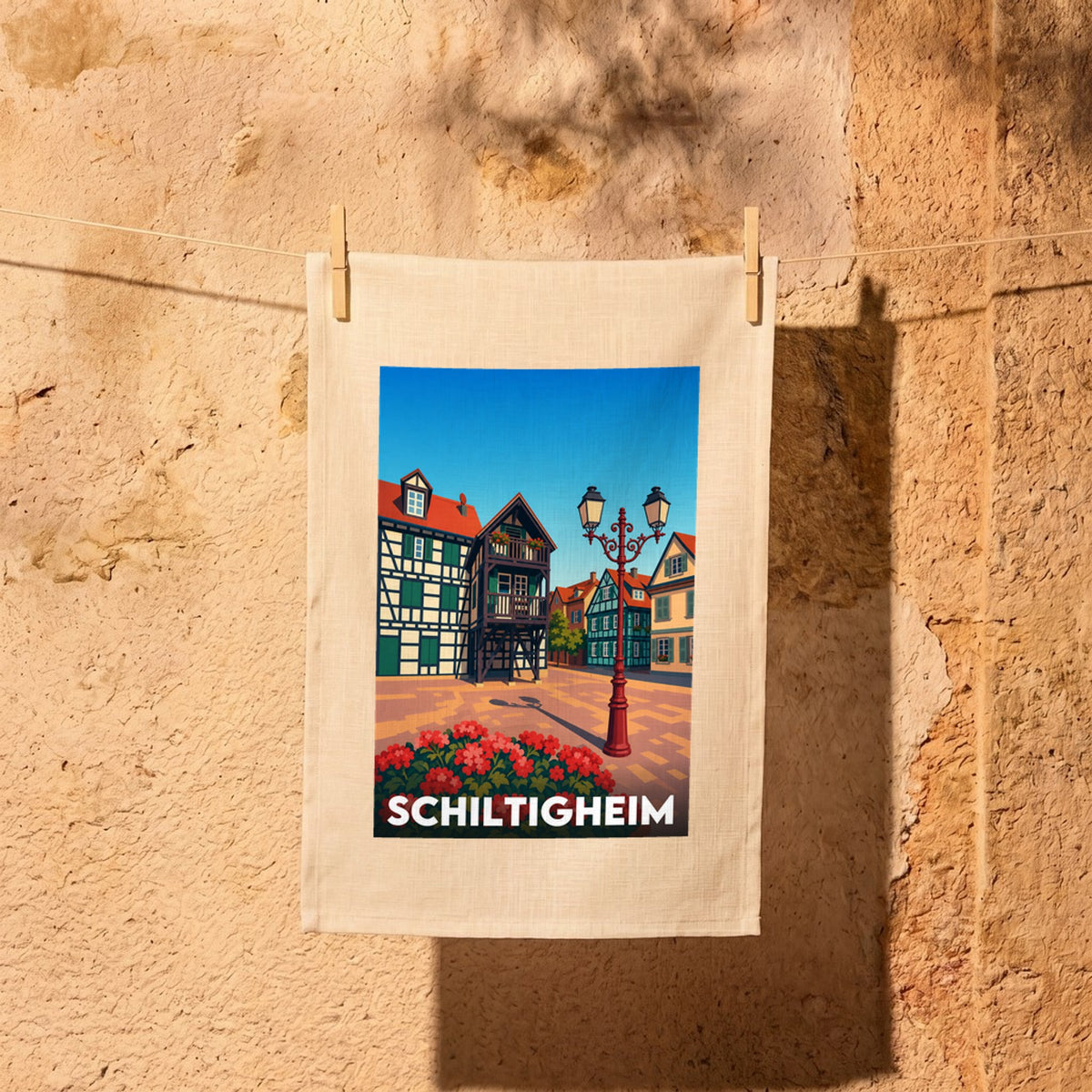 Torchon souvenir de la ville de Schiltigheim avec une illustration stylisée de maisons à colombages.