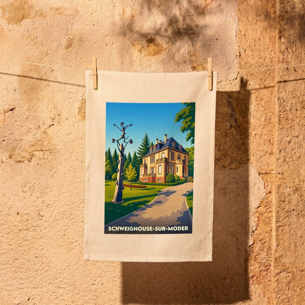 Torchon souvenir de Schweighouse-sur-Moder illustré d'une demeure bourgeoise et de sa sculpture emblématique.