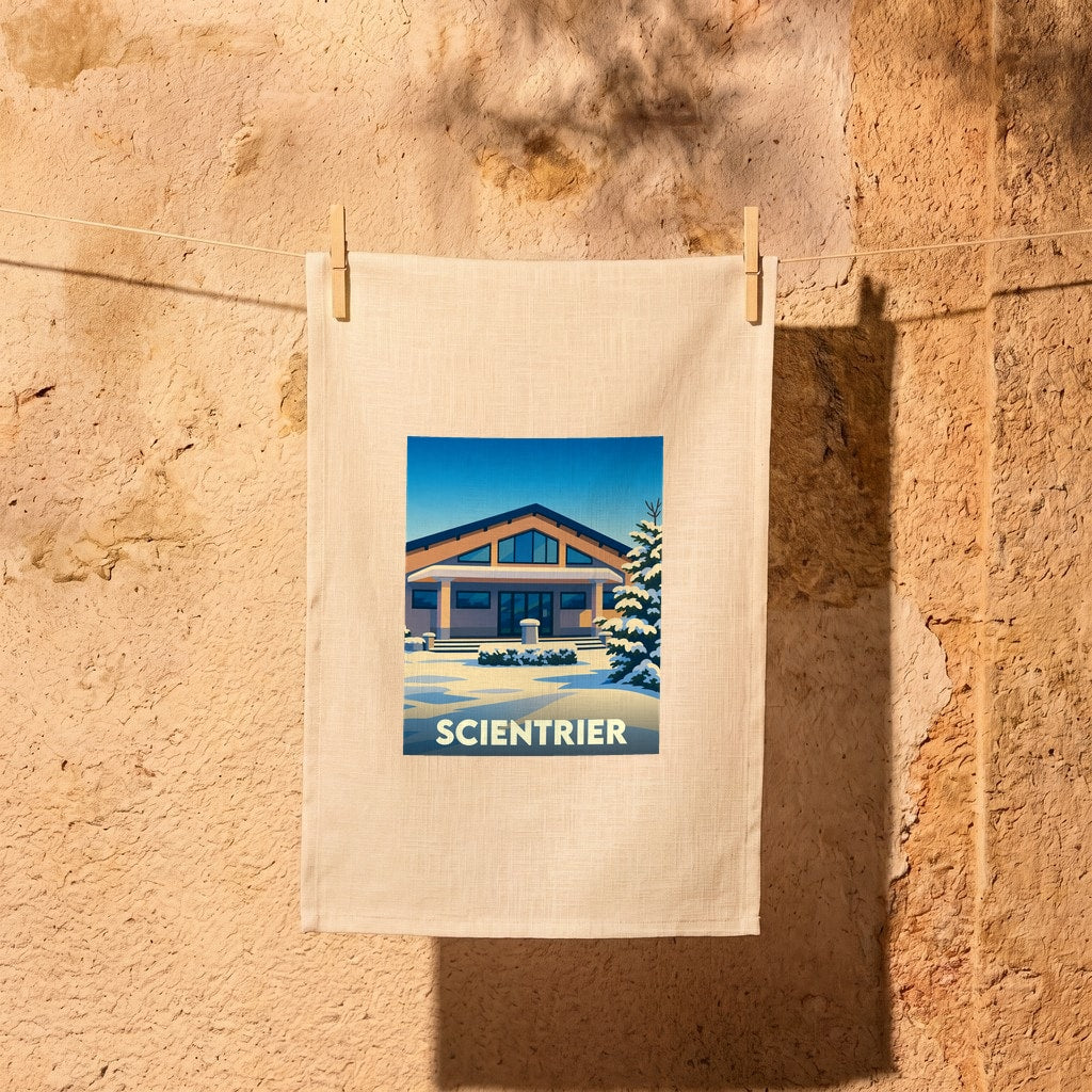 Torchon souvenir de la ville de Scientrier avec une illustration stylisée d'un paysage enneigé.