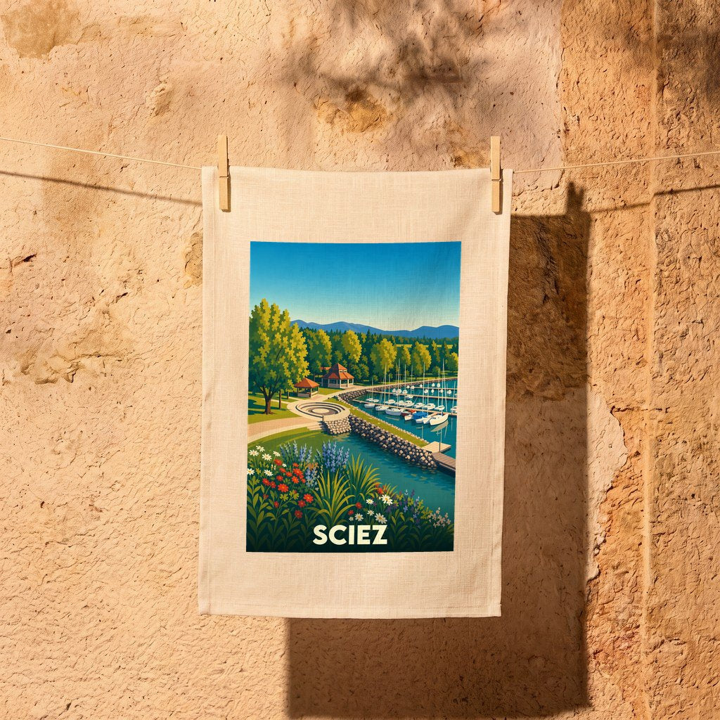Torchon souvenir de la ville de Sciez illustré par un paysage de port de plaisance stylisé.