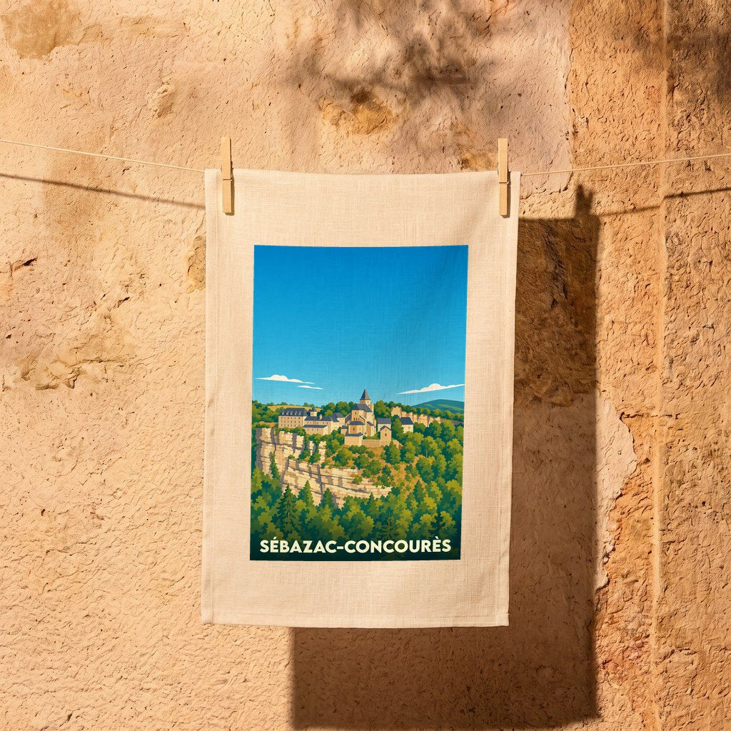 Torchon souvenir de la ville de Sébazac-Concourès avec une illustration stylisée.