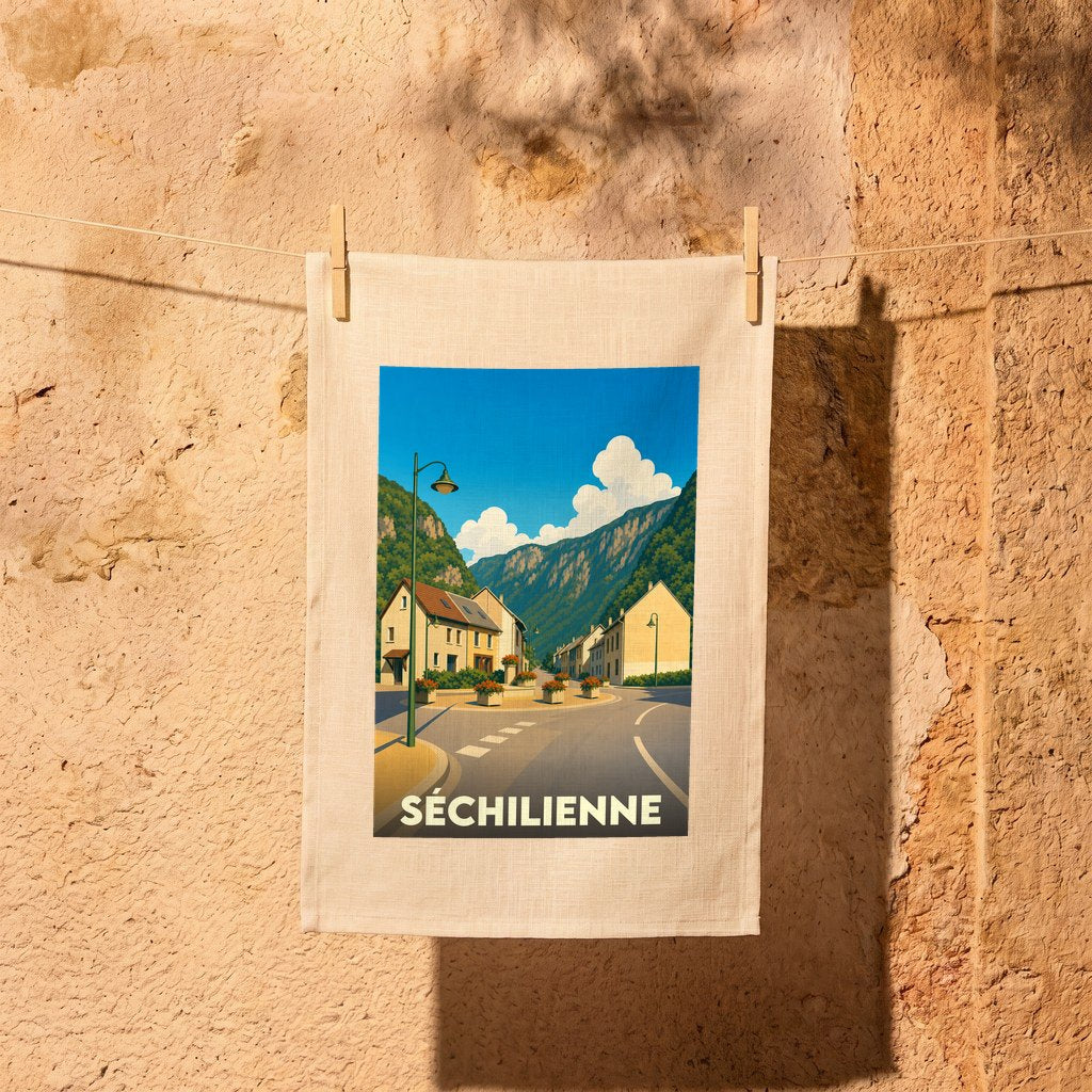 Torchon souvenir de la ville de Séchilienne illustré d'un paysage montagneux stylisé.