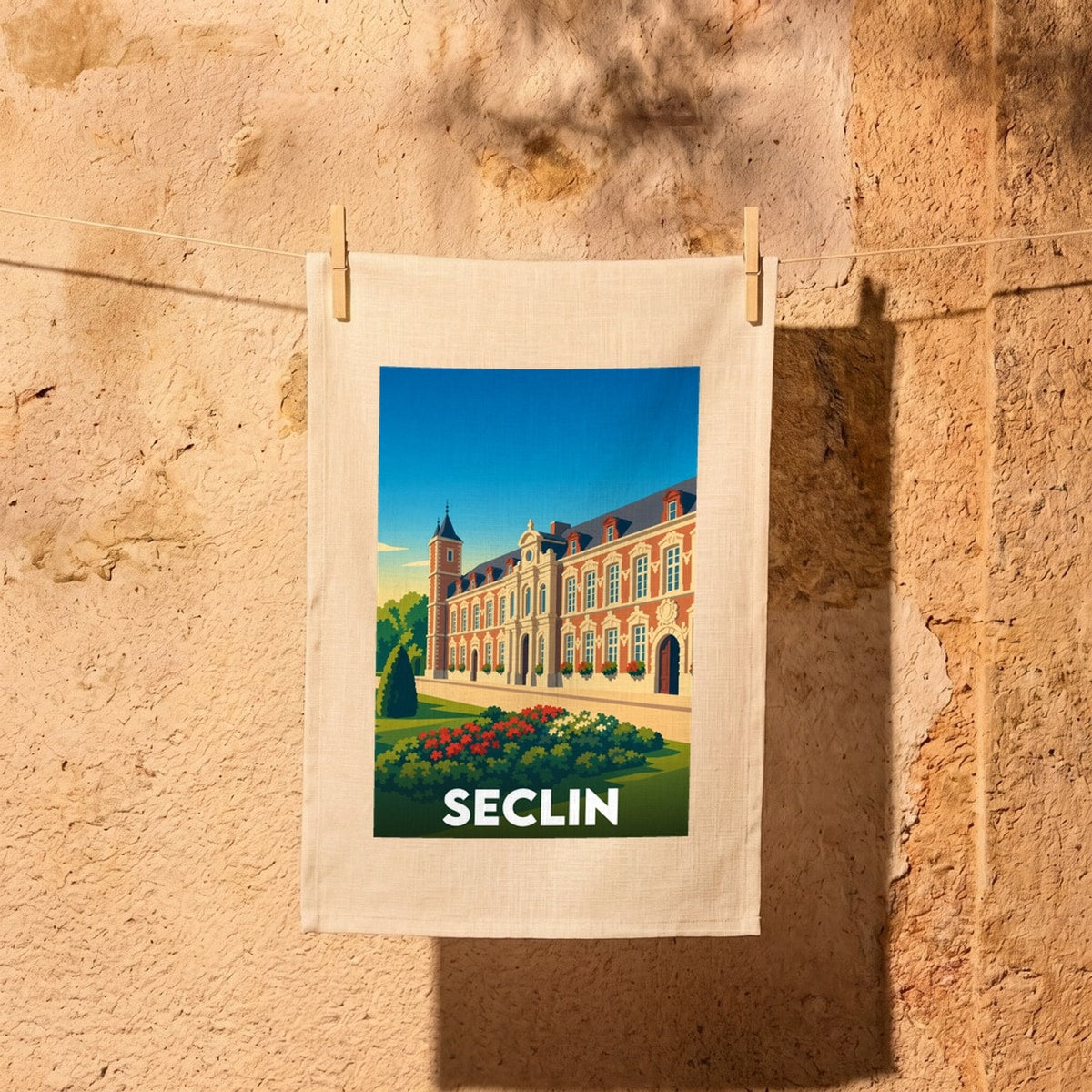 Torchon souvenir de la ville de Seclin avec une illustration stylisée d'un bâtiment historique en briques rouges.