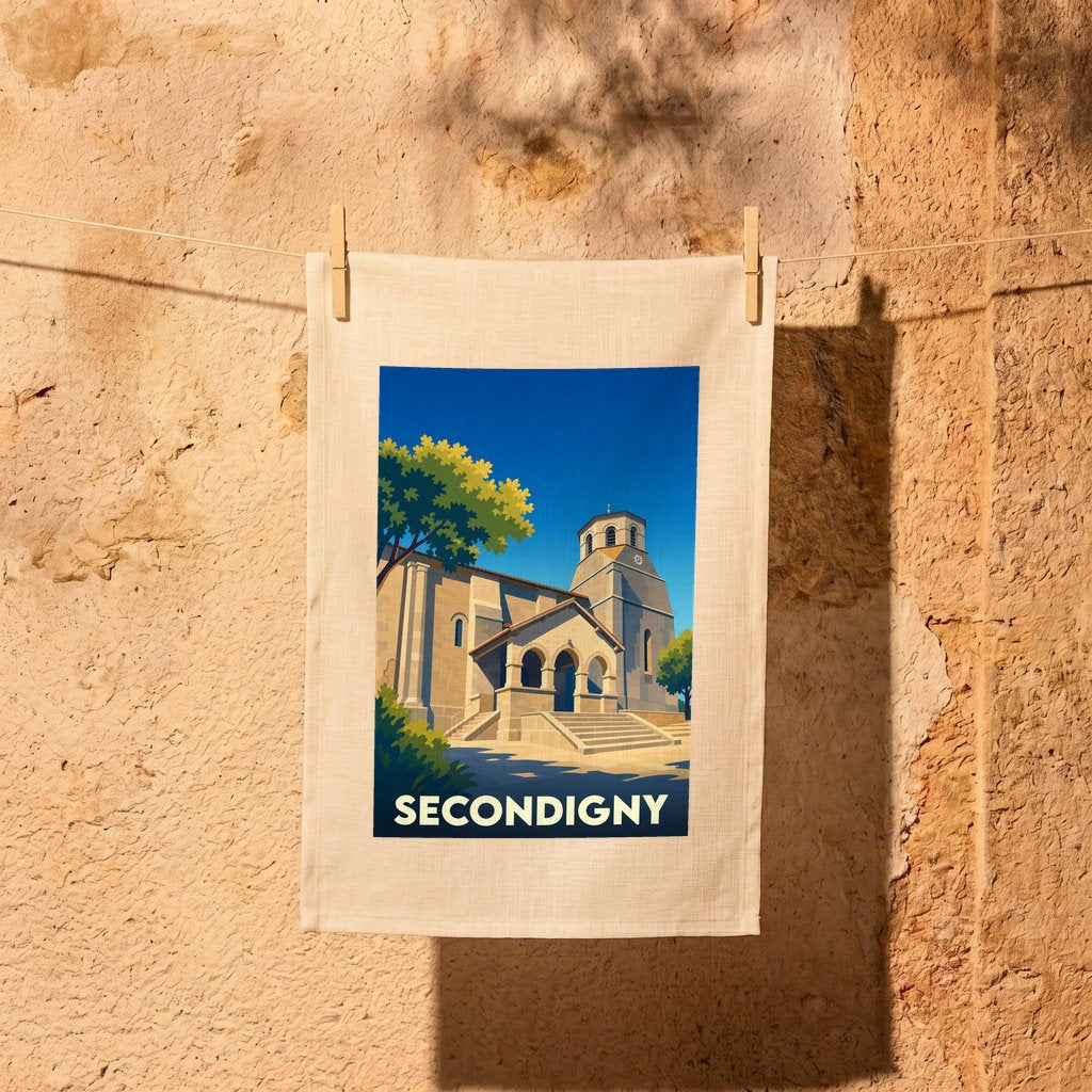 Torchon souvenir de la ville de Secondigny avec une illustration stylisée de son église.