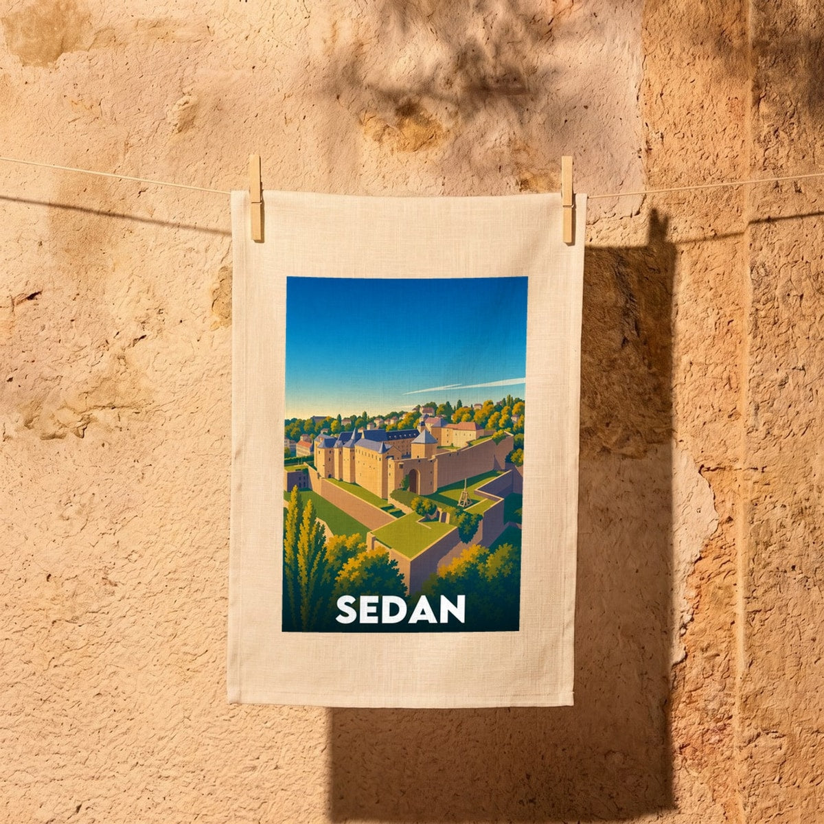 Torchon souvenir de la ville de Sedan avec une illustration stylisée de son château fort.