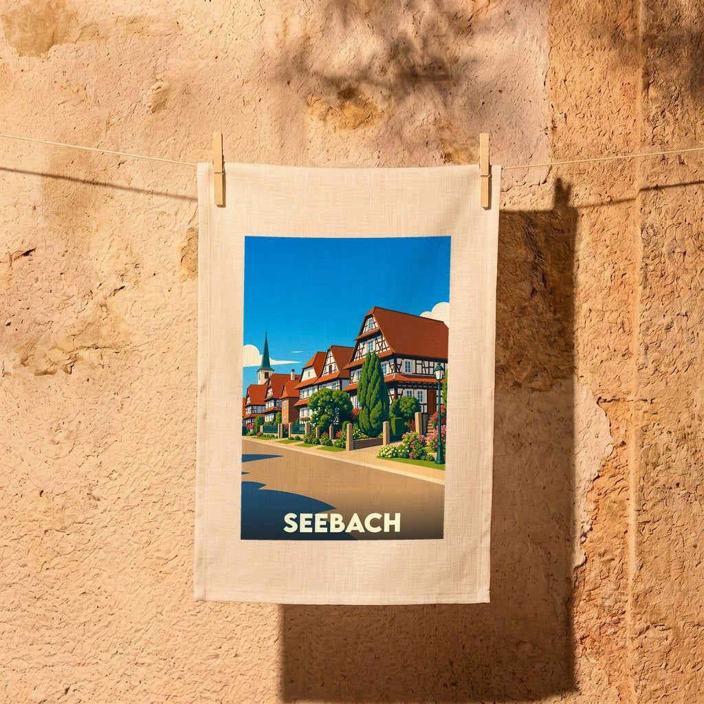 Torchon souvenir de la ville de Seebach illustré par un paysage de village pittoresque.