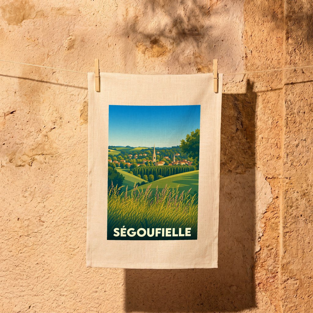 Torchon souvenir de la ville de Ségoufielle illustré d'un paysage de campagne stylisé.