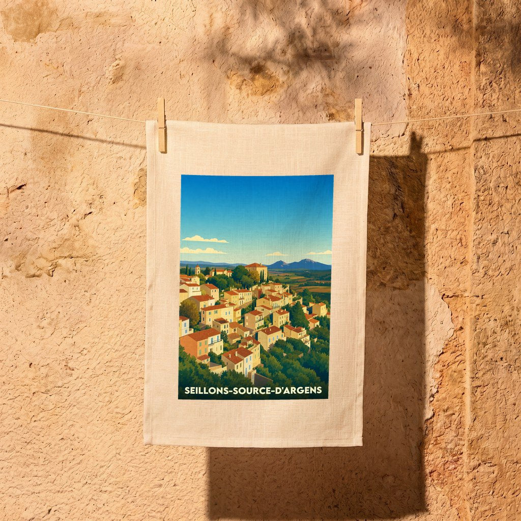 Torchon souvenir de la ville de Seillons-Source-d'Argens avec une illustration stylisée.