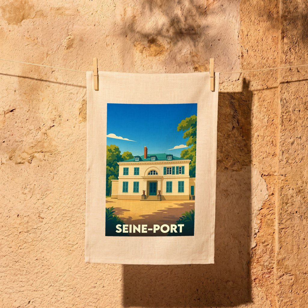 Torchon souvenir de la ville de Seine-Port avec une illustration stylisée d'une demeure historique.