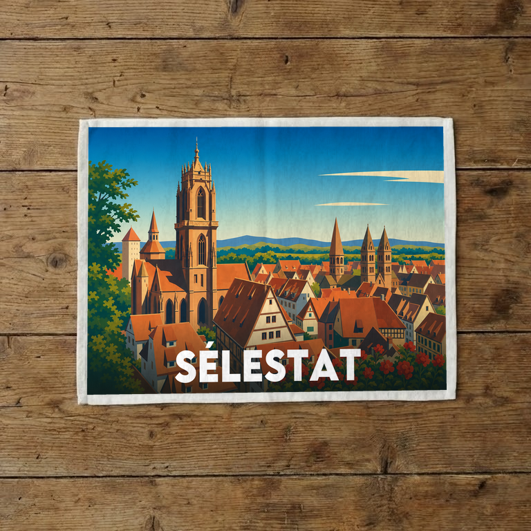 Torchon souvenir de la ville de Sélestat avec une illustration stylisée de son paysage urbain.