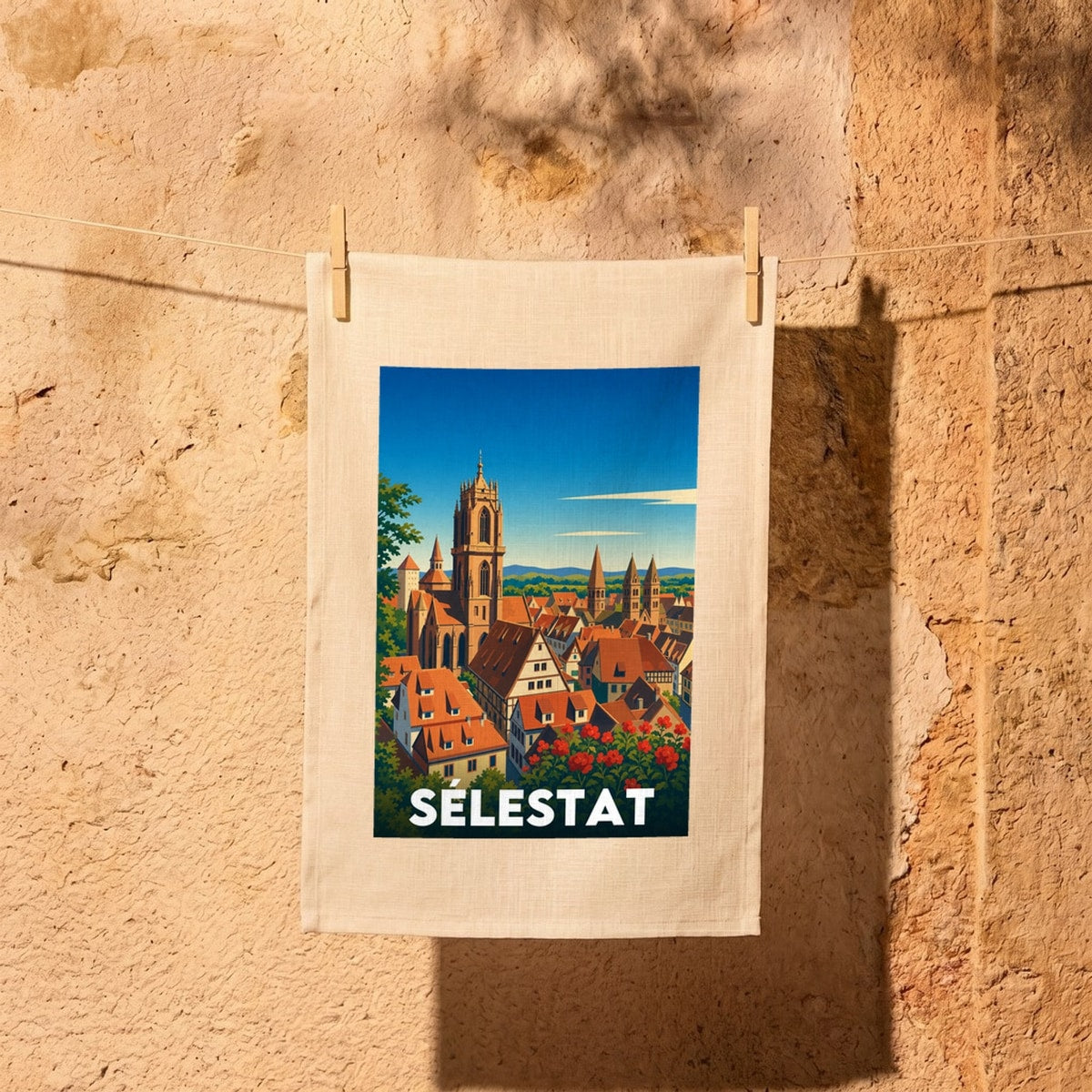 Torchon souvenir de la ville de Sélestat avec une illustration stylisée de son paysage urbain.