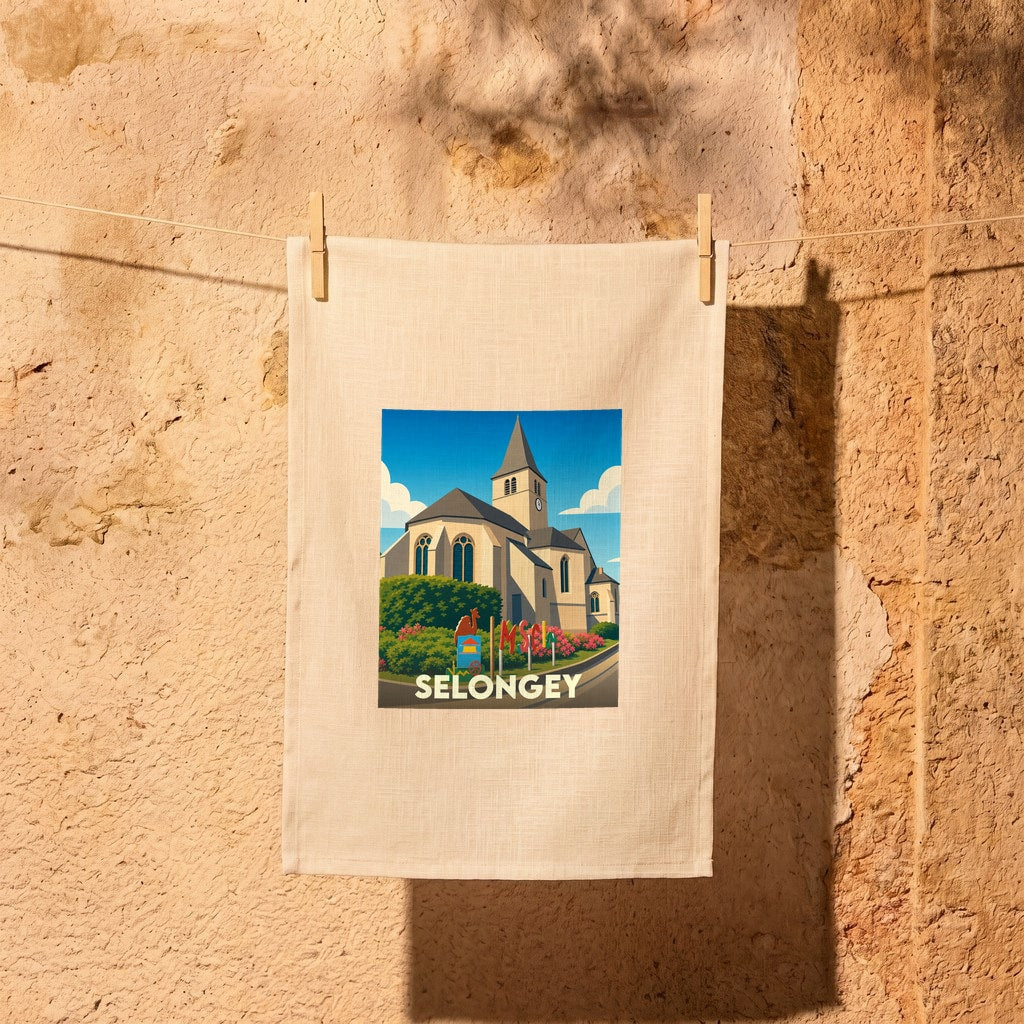 Torchon souvenir de la ville de Selongey orné d'une illustration stylisée de son église.