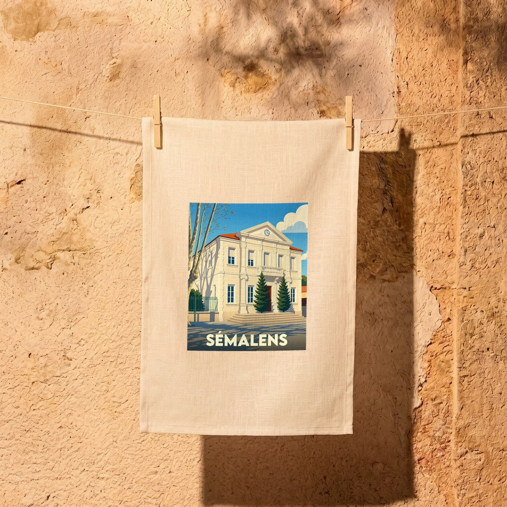 Torchon souvenir de la ville de Sémalens illustré d'un dessin stylisé de sa mairie.