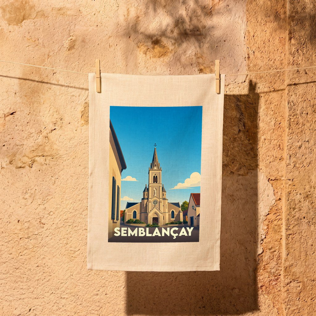 Torchon souvenir de la ville de Semblançay avec une illustration stylisée de son église sous un ciel bleu.