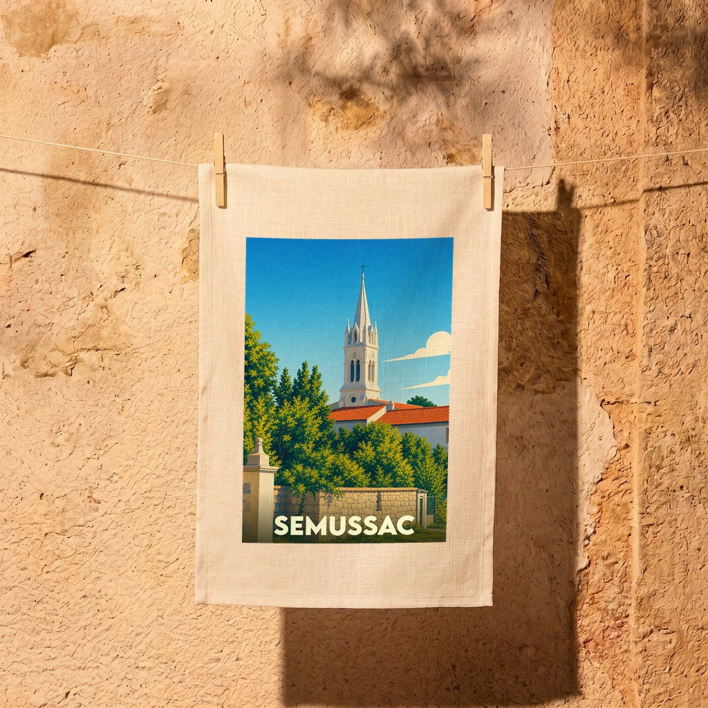 Torchon souvenir de la ville de Semussac orné d'une illustration stylisée de son église.