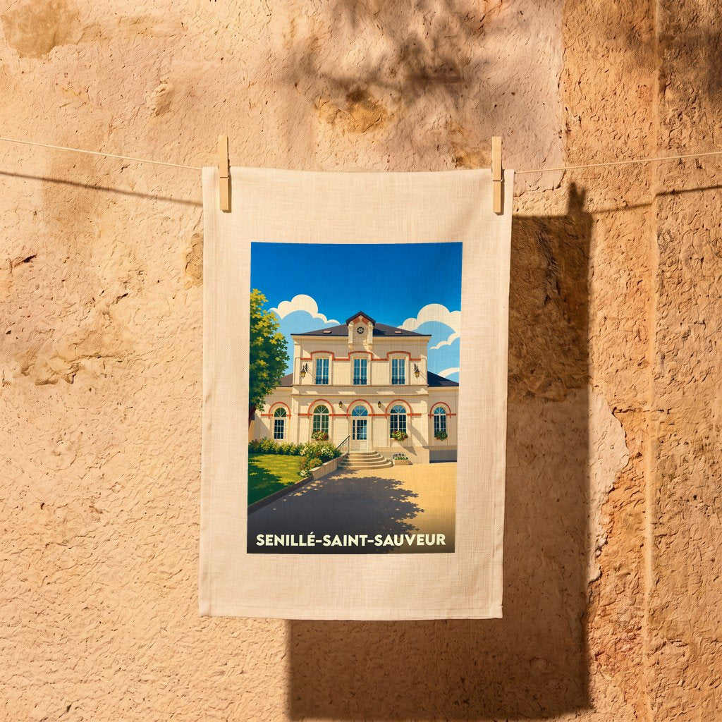 Torchon souvenir de la commune de Senillé-Saint-Sauveur orné d'une illustration stylisée de sa mairie.