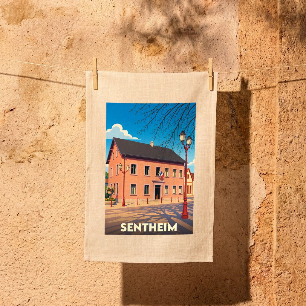 Torchon souvenir de la ville de Sentheim illustré d'un dessin stylisé de sa mairie sous un ciel bleu.