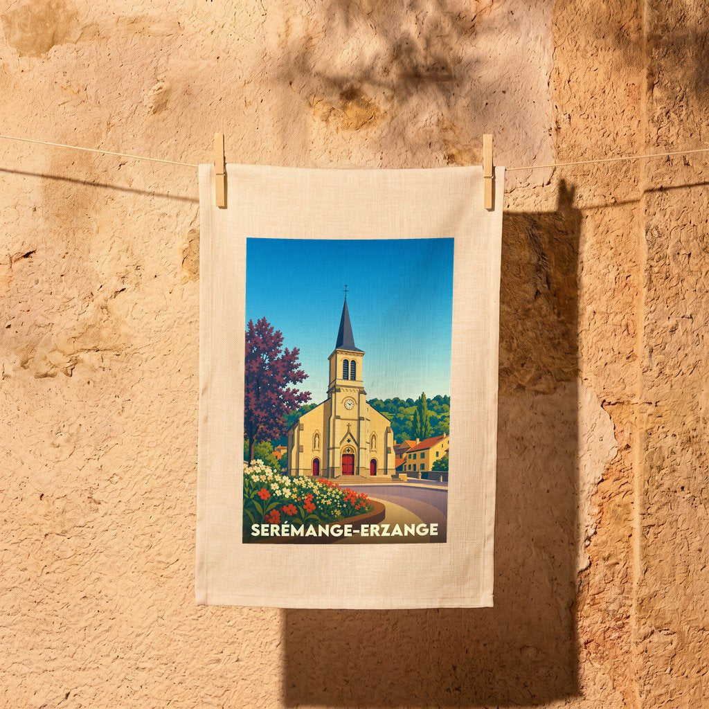 Torchon souvenir de la ville de Serémange-Erzange orné d'une illustration stylisée de son église.
