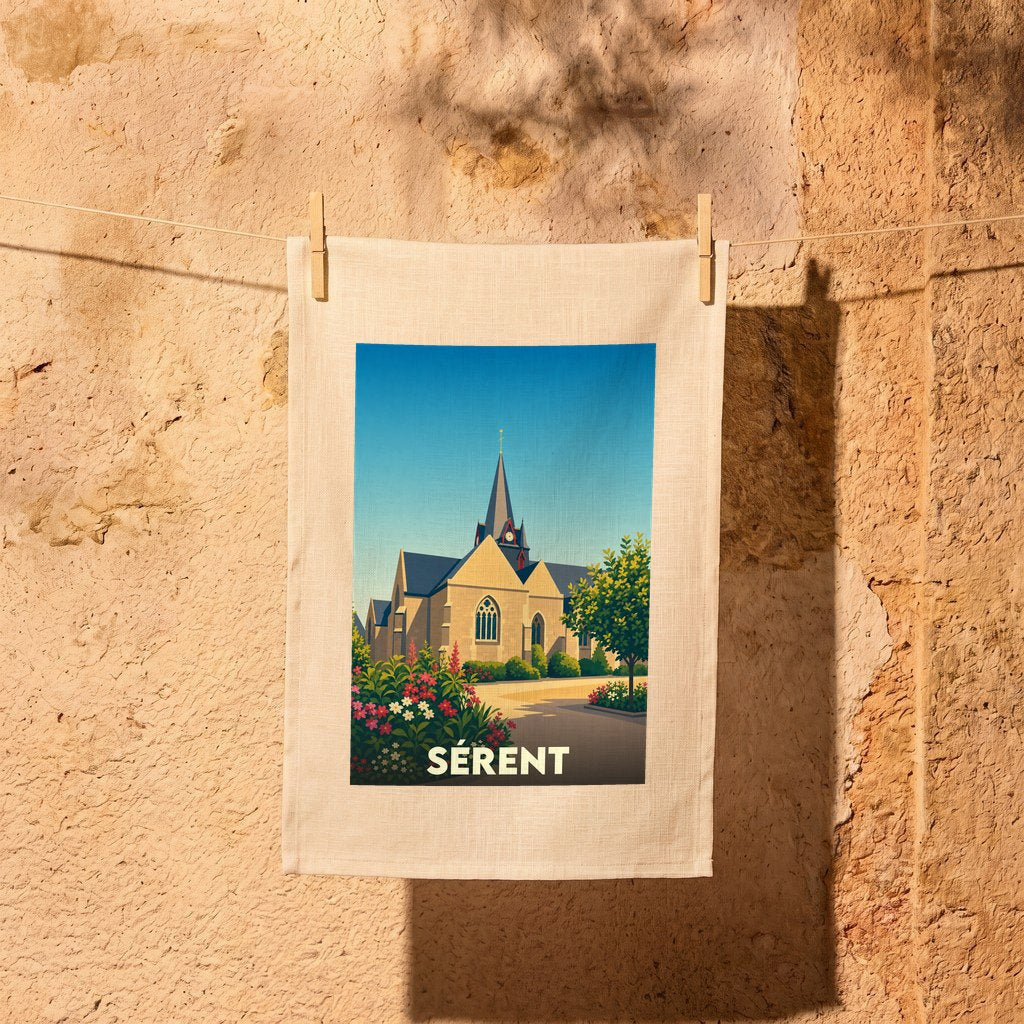 Torchon souvenir de la ville de Sérent avec une illustration stylisée de son église et de jardins fleuris.
