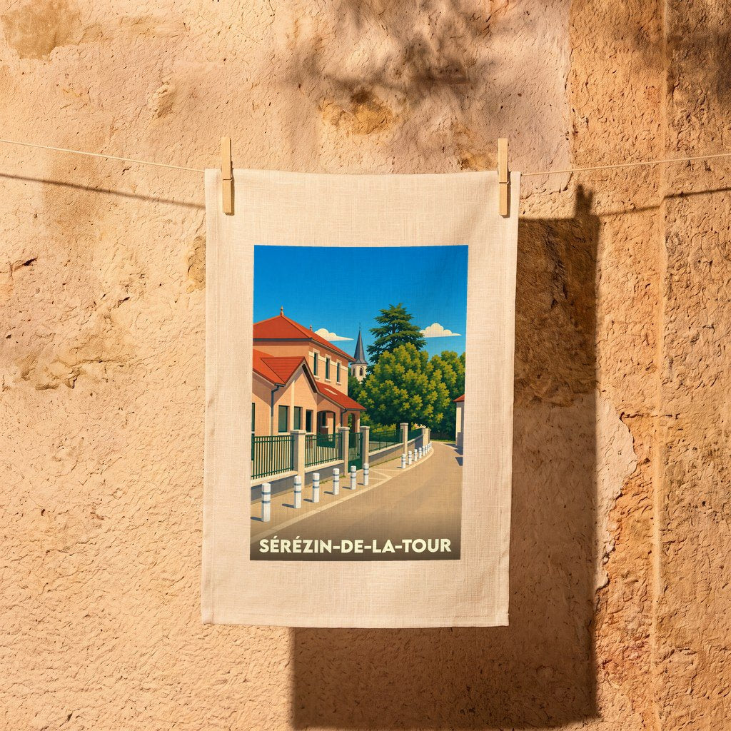 Torchon souvenir de Sérézin-de-la-Tour avec une illustration stylisée du village suspendu à une corde à linge devant un mur en pierre.