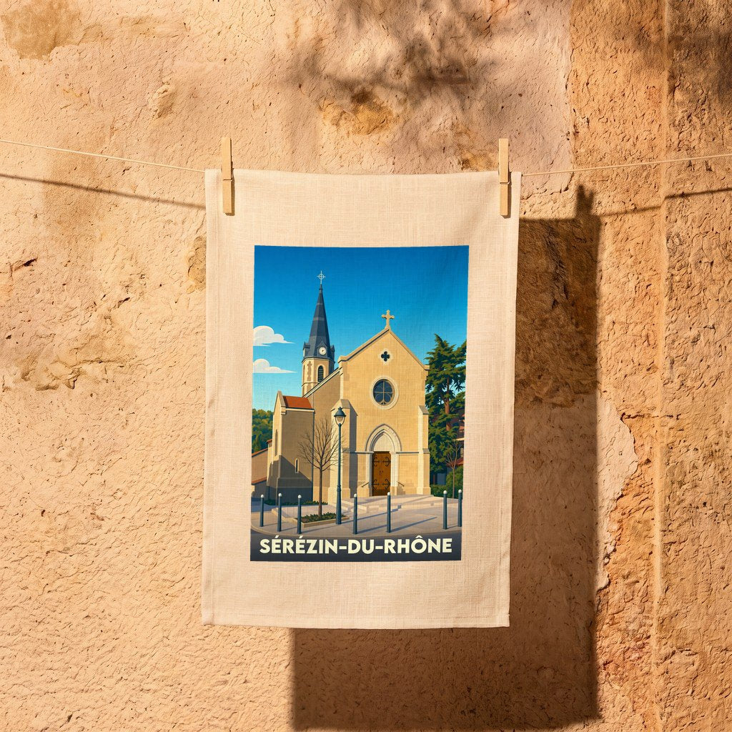 Torchon souvenir de la ville de Sérézin-du-Rhône avec une illustration stylisée de son église.