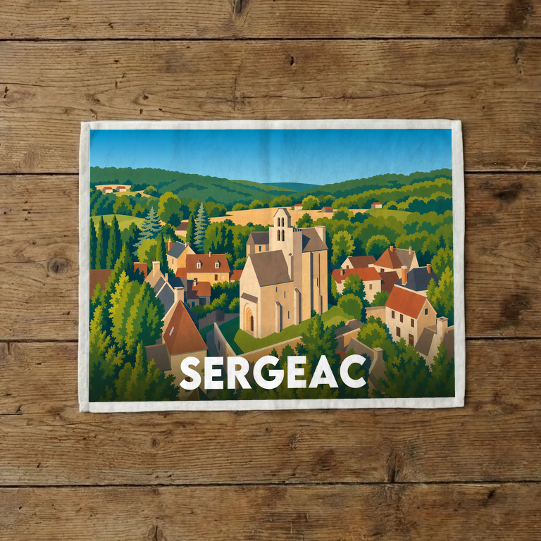 Torchon souvenir de la ville de Sergeac avec une illustration paysagère stylisée.