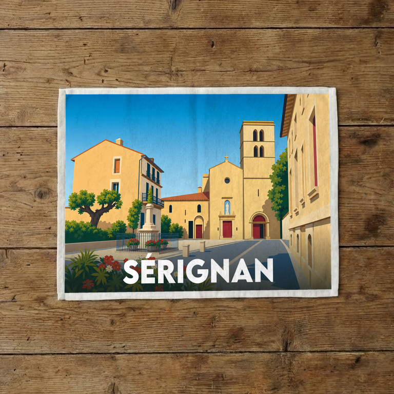 Torchon souvenir de la ville de Sérignan avec une illustration stylisée de sa place principale.