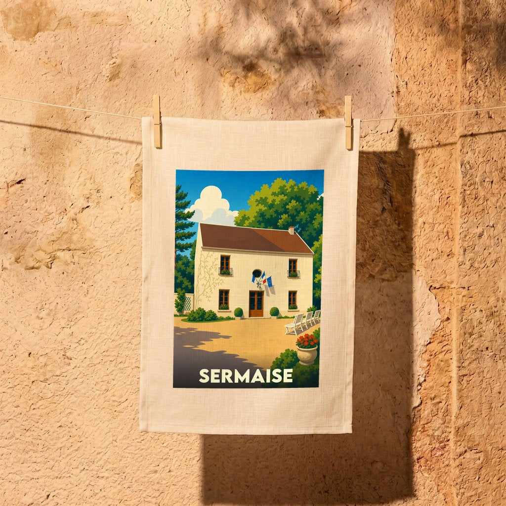 Torchon souvenir de la ville de Sermaise avec une illustration stylisée de sa mairie.