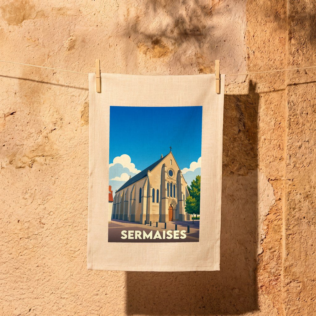 Torchon souvenir de la ville de Sermaises avec une illustration stylisée de son église sous un ciel bleu.
