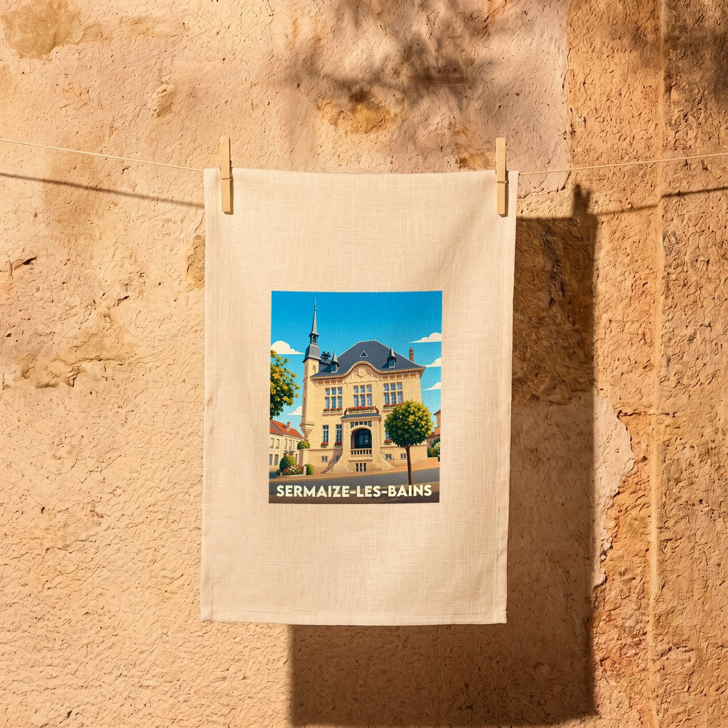 Torchon souvenir de la ville de Sermaize-les-Bains avec une illustration stylisée de son hôtel de ville.