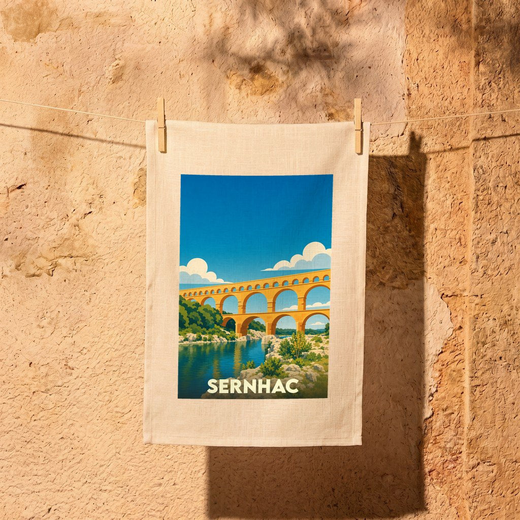 Torchon souvenir de la ville de Sernhac illustré d'un paysage stylisé du Pont du Gard.