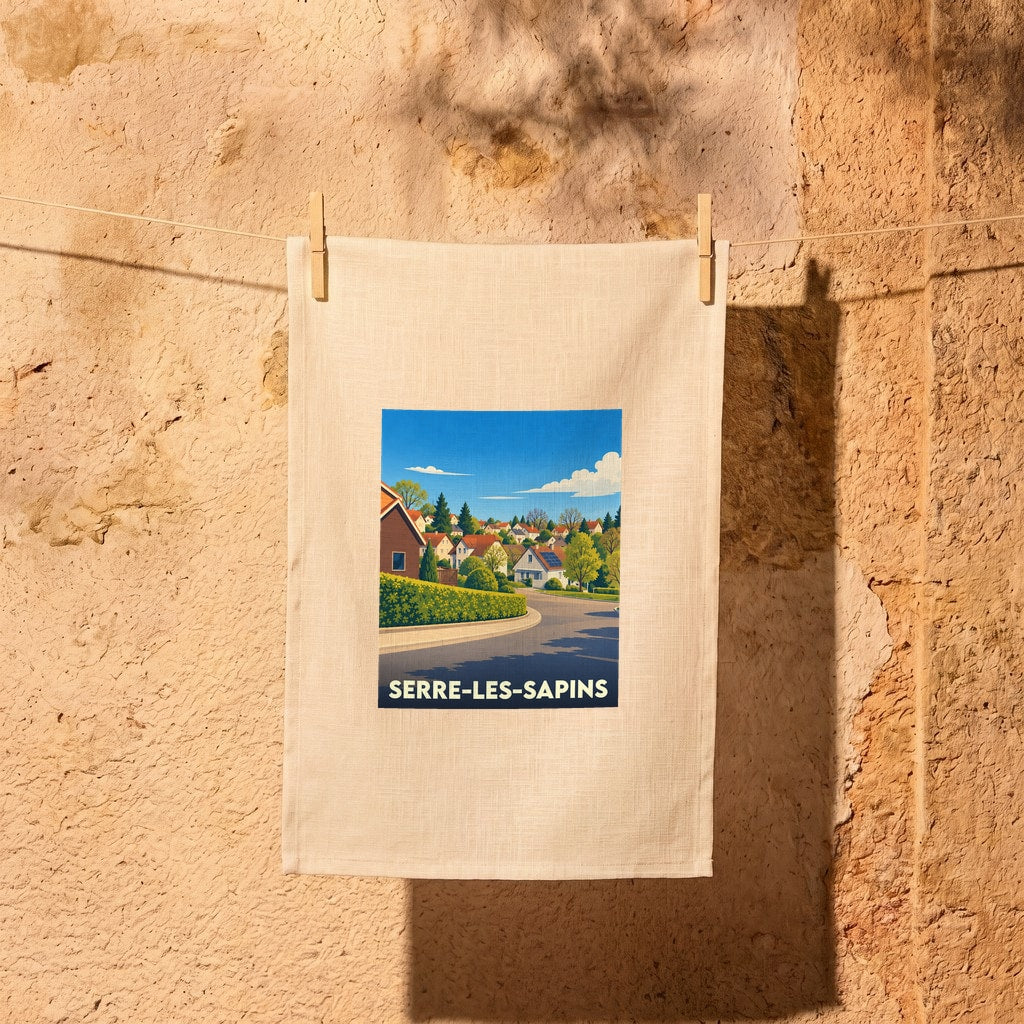 Torchon souvenir de la ville de Serre-les-Sapins avec une illustration stylisée d'un paysage urbain.