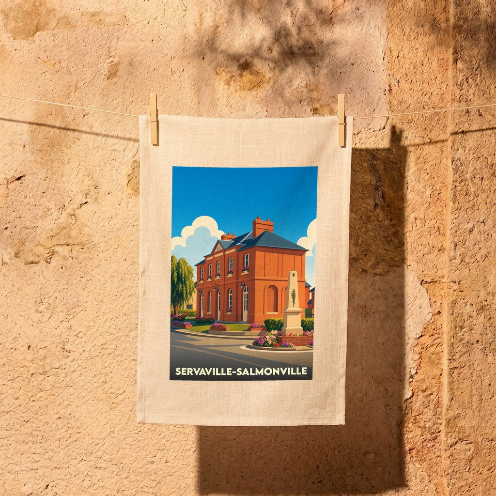 Torchon souvenir de la ville de Servaville-Salmonville avec une illustration stylisée d'un bâtiment en briques et de son monument.