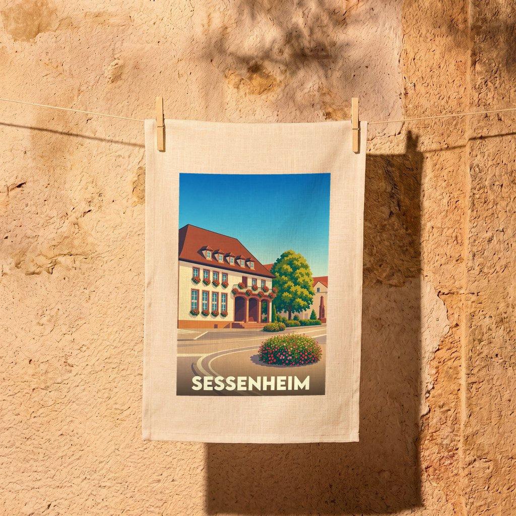 Torchon souvenir de la ville de Sessenheim avec une illustration stylisée d'une bâtisse alsacienne fleurie.
