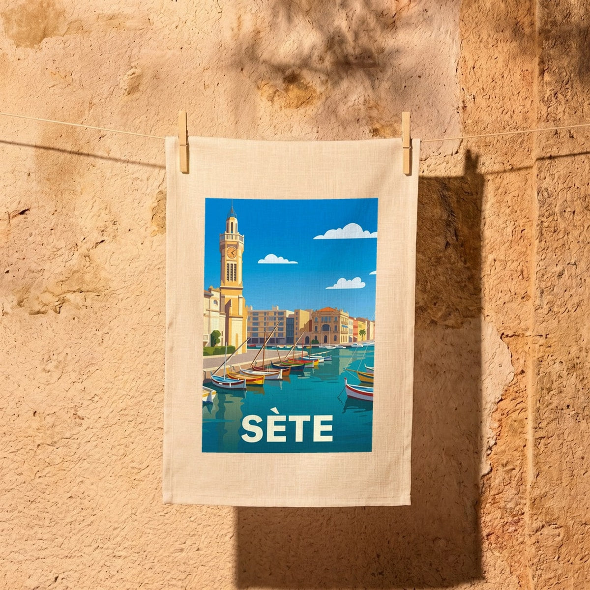 Torchon souvenir de la ville de Sète avec une illustration stylisée du port et de ses bateaux.
