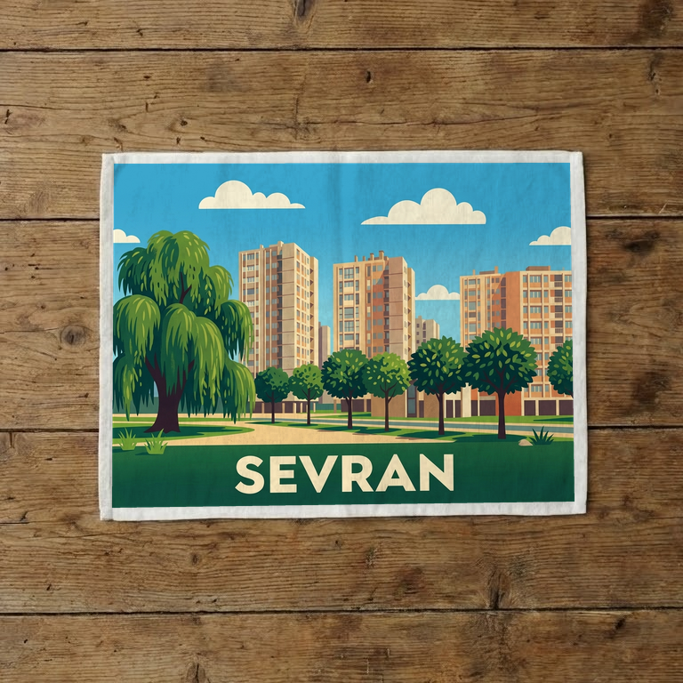 Torchon souvenir de la ville de Sevran avec une illustration stylisée de son paysage urbain.