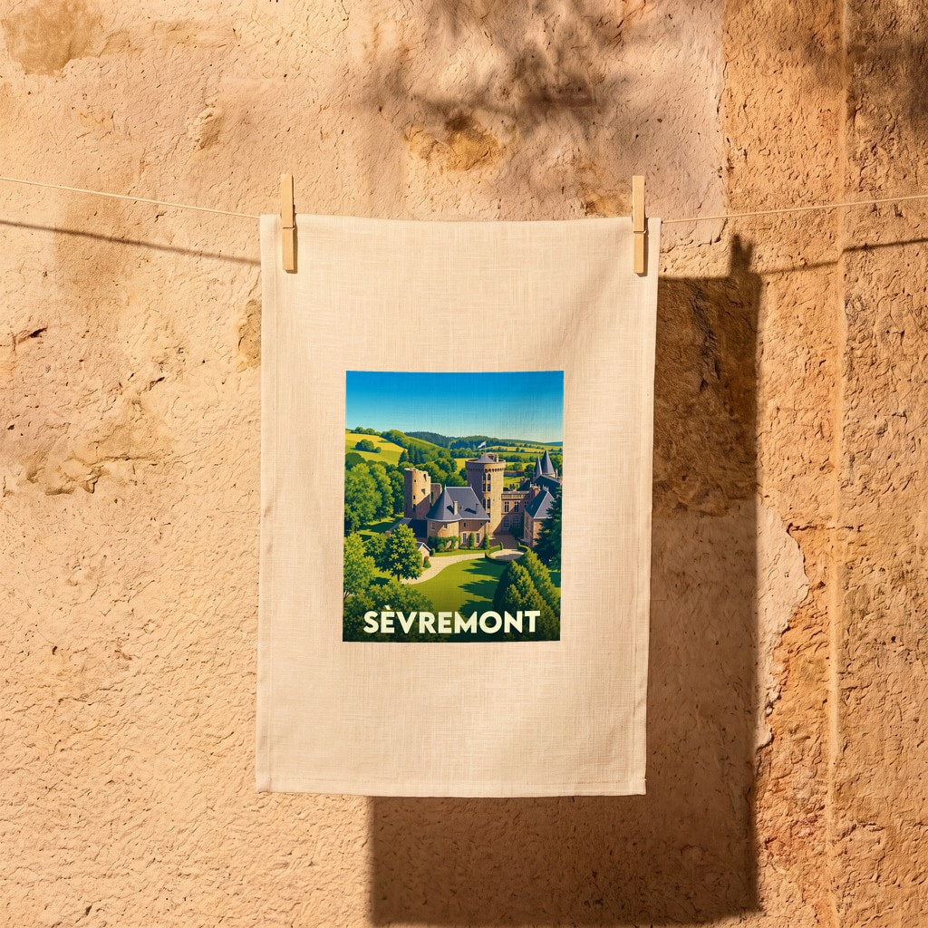 Torchon souvenir de la ville de Sèvremont avec une illustration stylisée de son château.