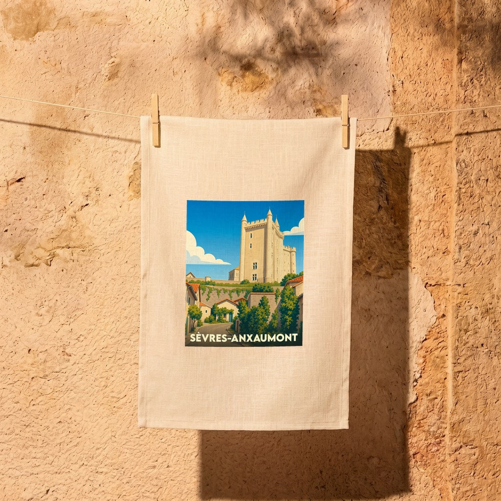 Torchon souvenir de la ville de Sèvres-Anxaumont avec une illustration stylisée d'un château dominant une ruelle.