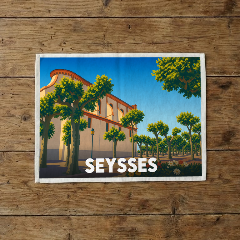 Torchon souvenir de la ville de Seysses avec une illustration stylisée.