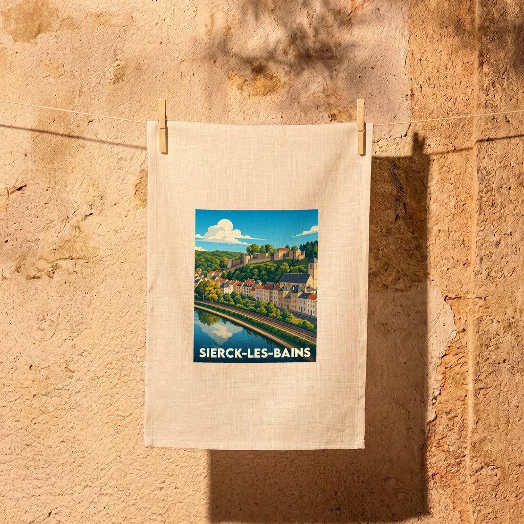 Torchon souvenir de la ville de Sierck-les-Bains avec une illustration stylisée.