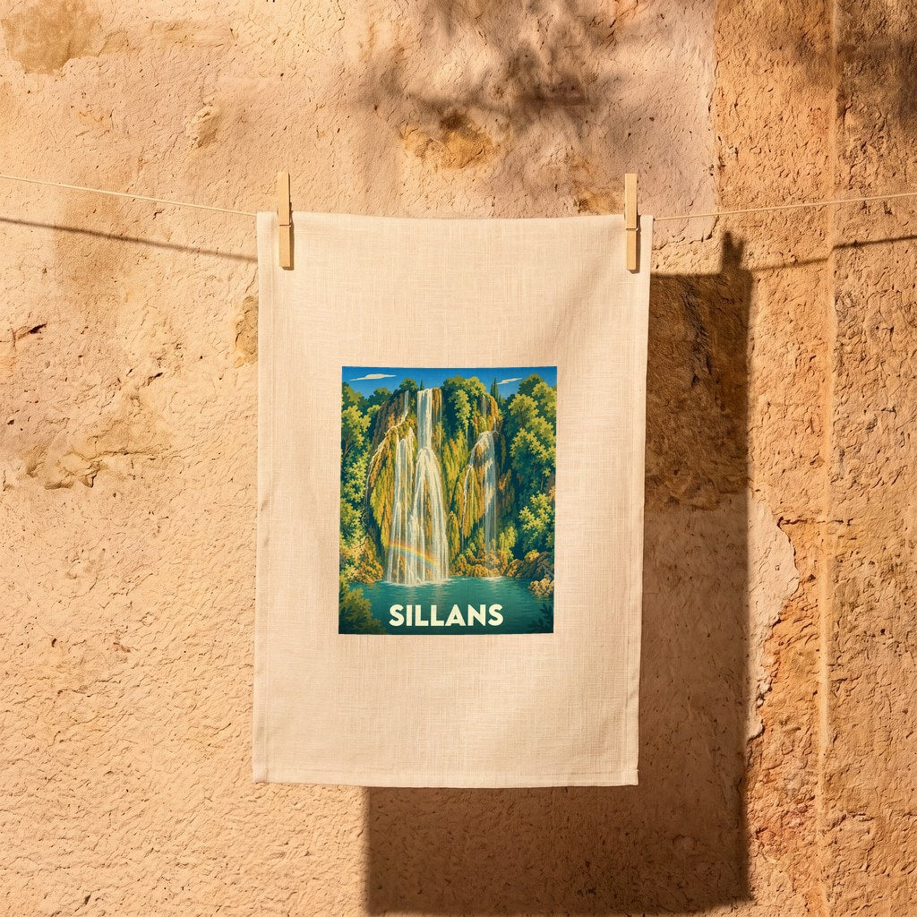 Torchon souvenir de la ville de Sillans avec une illustration stylisée d'une cascade.