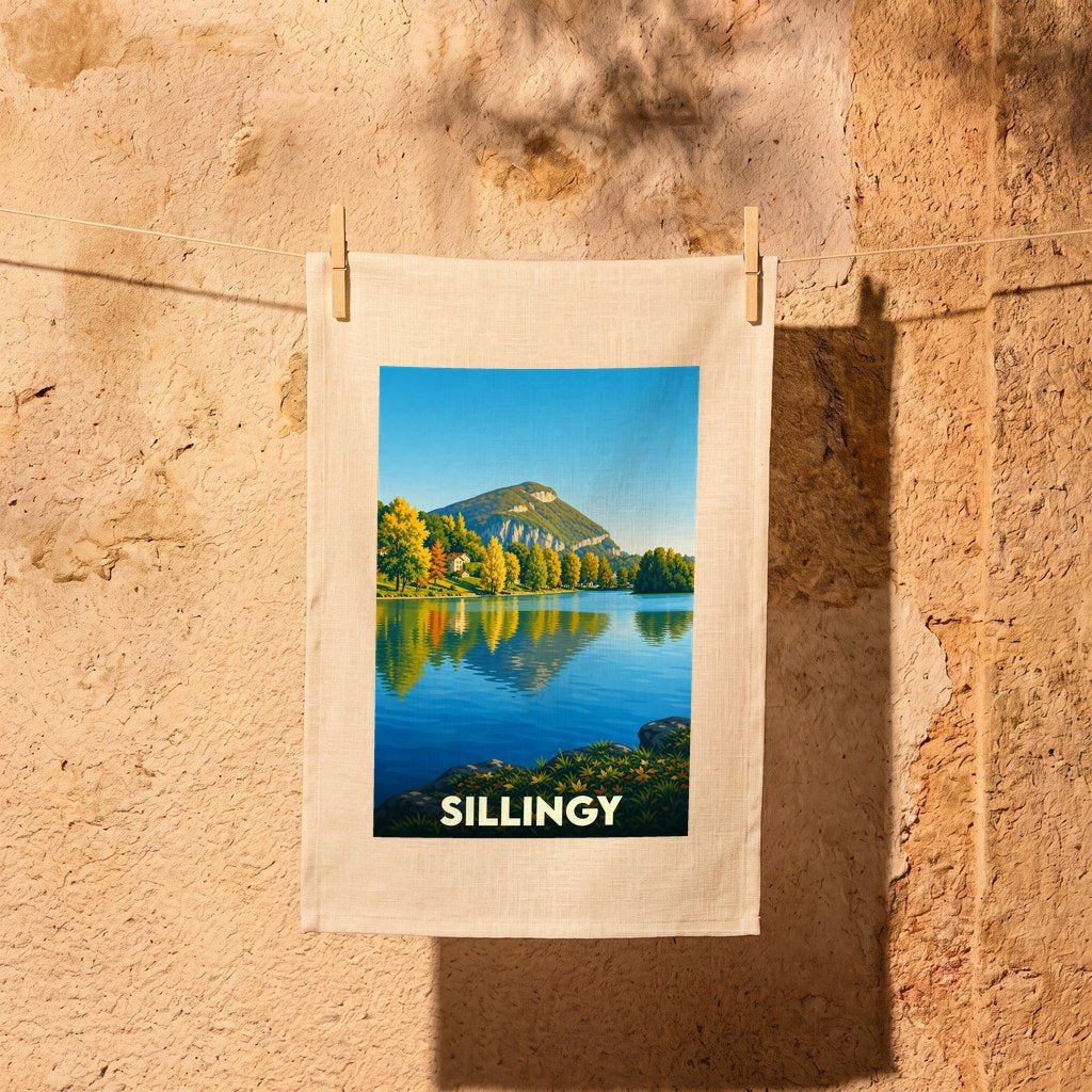 Torchon souvenir de la ville de Sillingy illustré d'un paysage de lac et de montagnes.