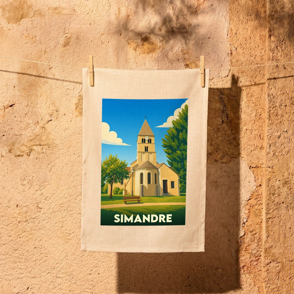 Torchon souvenir de la ville de Simandre avec une illustration stylisée de son église.
