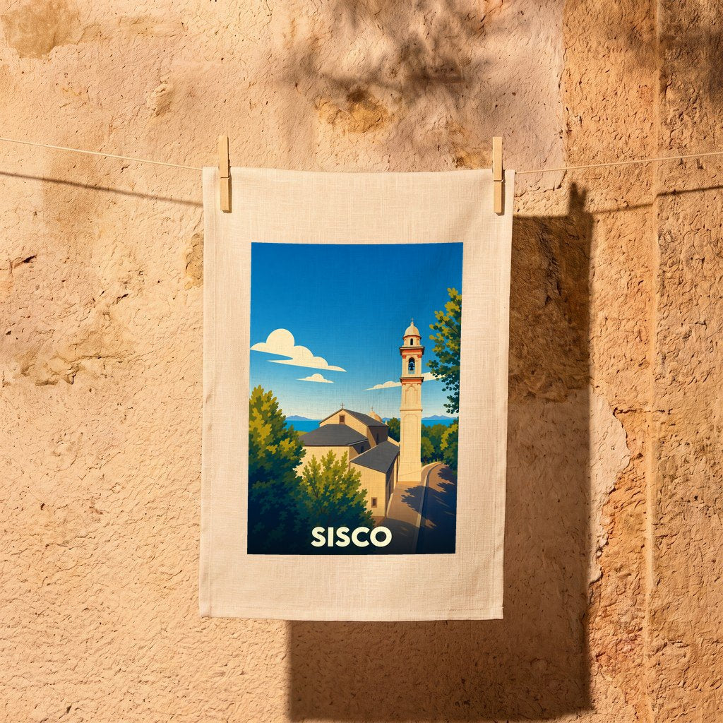 Torchon souvenir de la ville de Sisco avec une illustration stylisée.